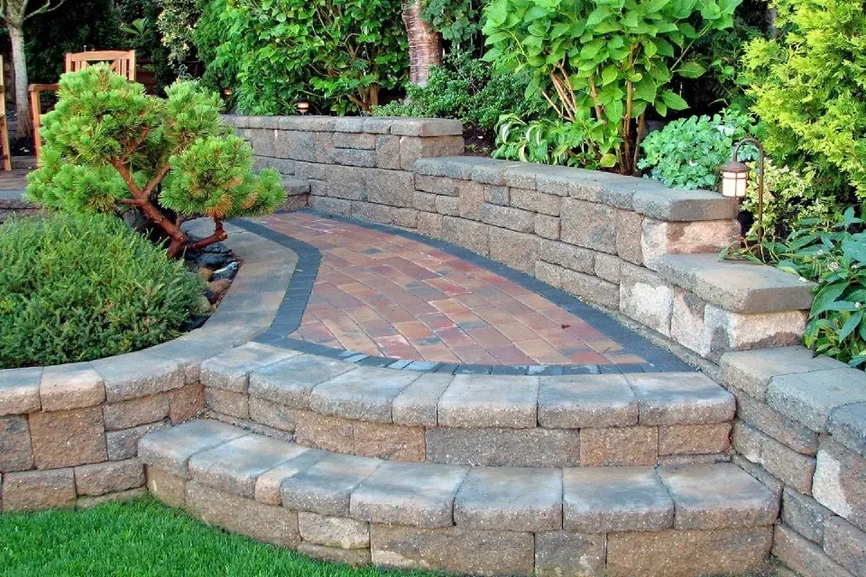 Natural stone garden terrace and wall detail